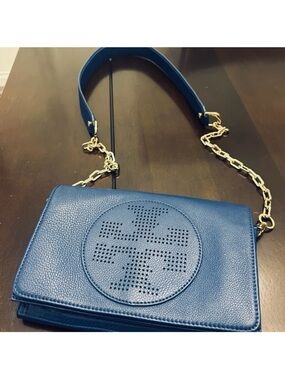 Tory Burch Blue Leather Crossbody Bag with Perforated Logo Detail and Gold Chain